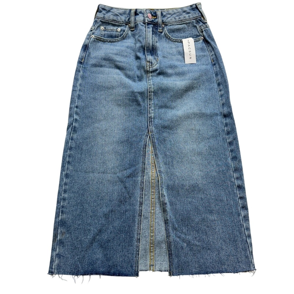 Barbie Denim Skirt Womens 23 PacSun Maxi Front Slit Raw Hem High Waisted NWT